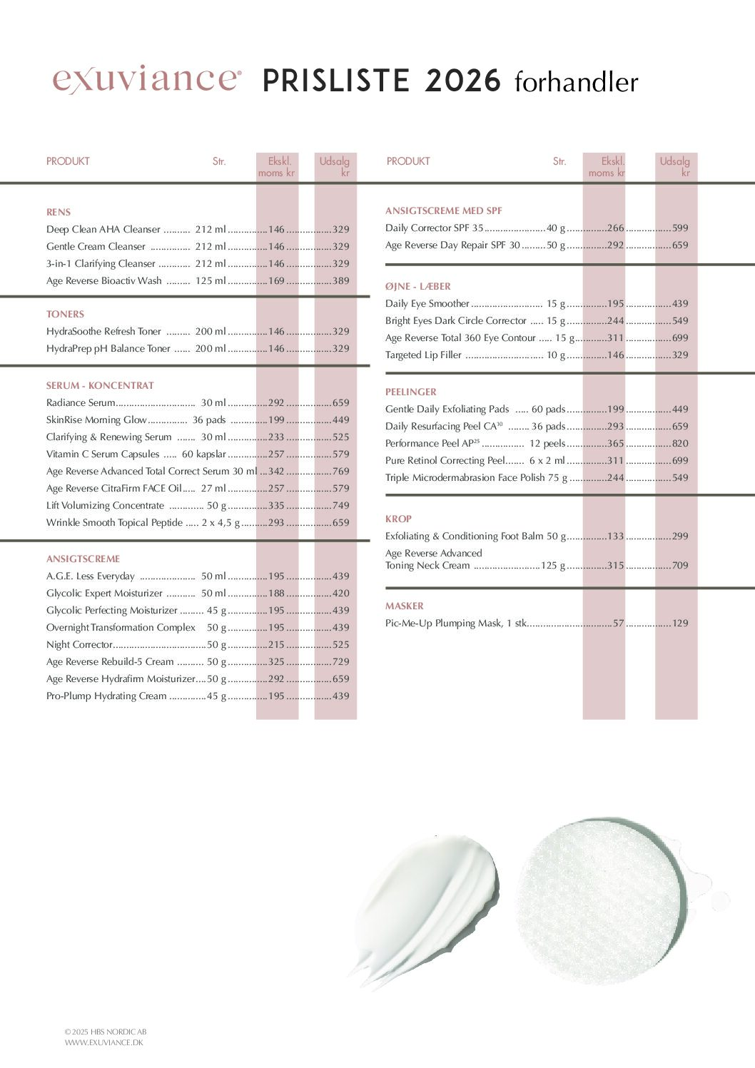 Prisliste Exuviance 2026 (Forhandler)