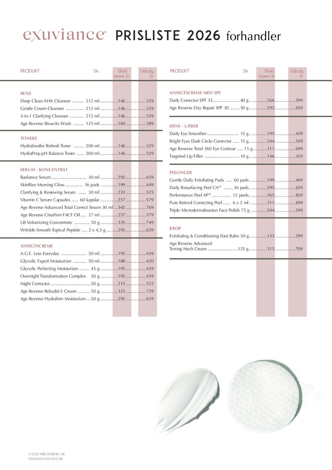 Prisliste Exuviance 2026 (Forhandler)