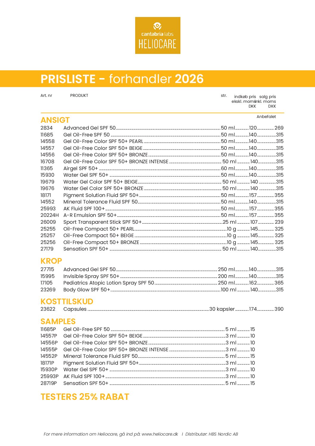 Prislista Heliocare 2026 (Forhandler)