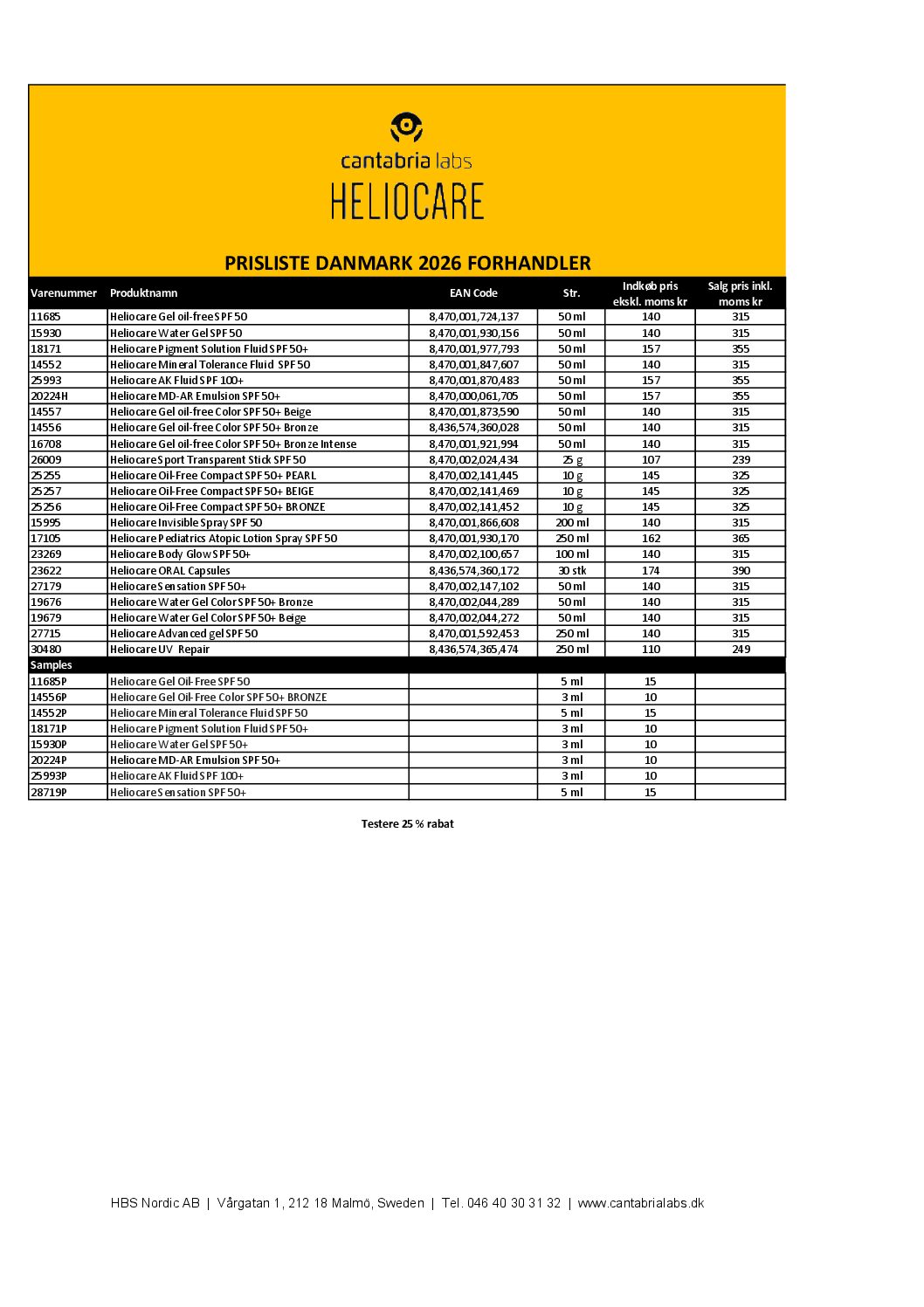 Prisliste Heliocare 2026 (Forhandler)