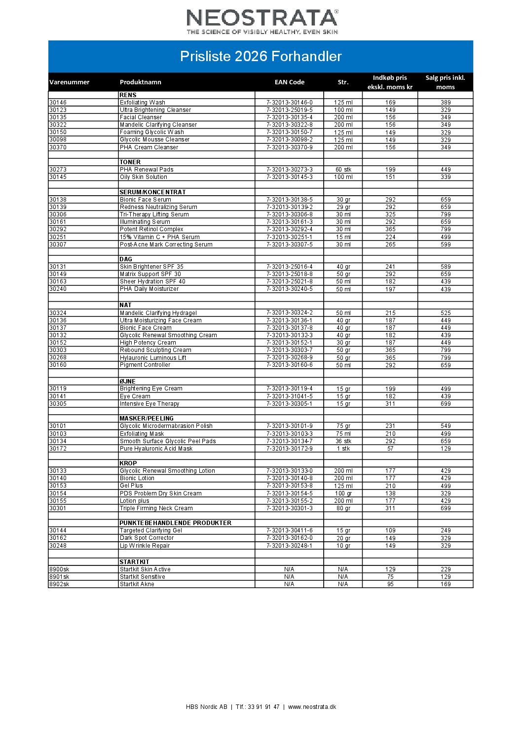 Prisliste NEOSTRATA 2026 (Forhandler)