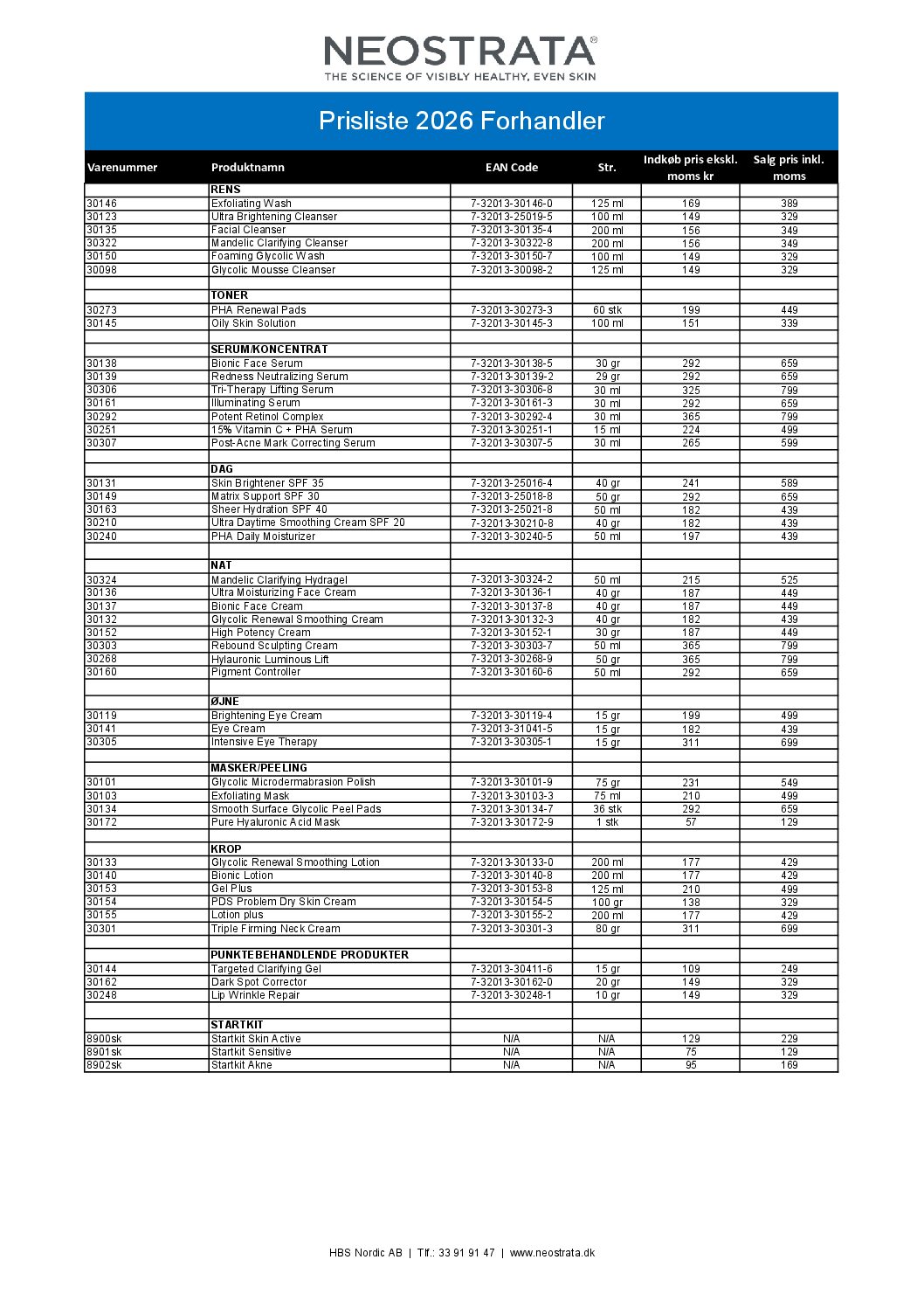 Prisliste NEOSTRATA 2026 (Forhandler)
