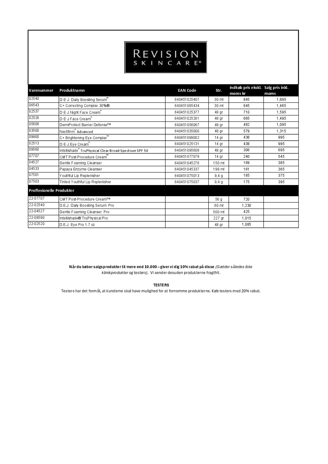 Prisliste Revision Skincare 2026 (Forhandler)