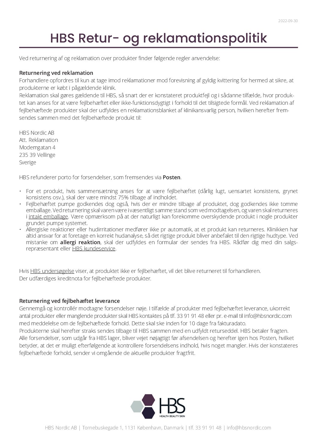HBS Nordic retur- og reklamationspolitik