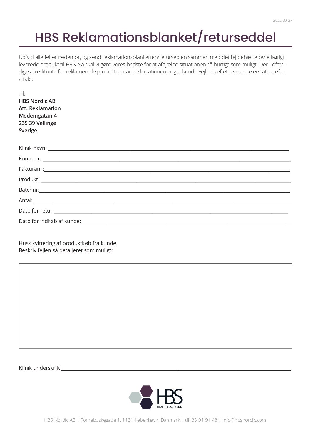 HBS Nordic reklamationsblanket/returseddel