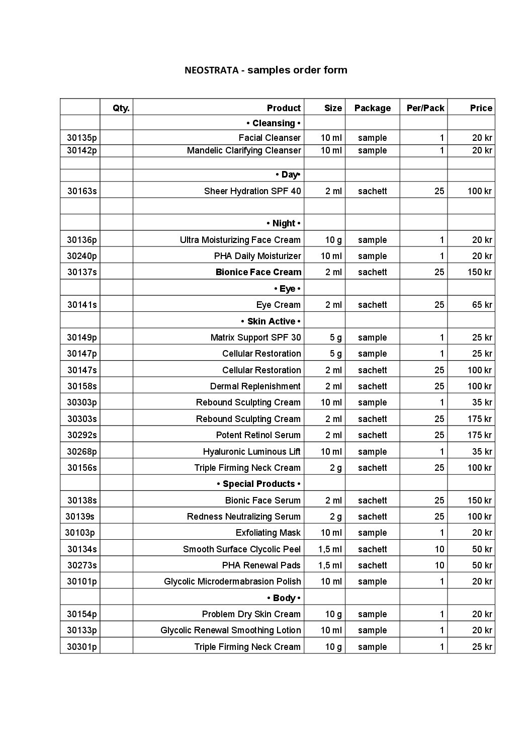 Prisliste NEOSTRATA samples/prøver