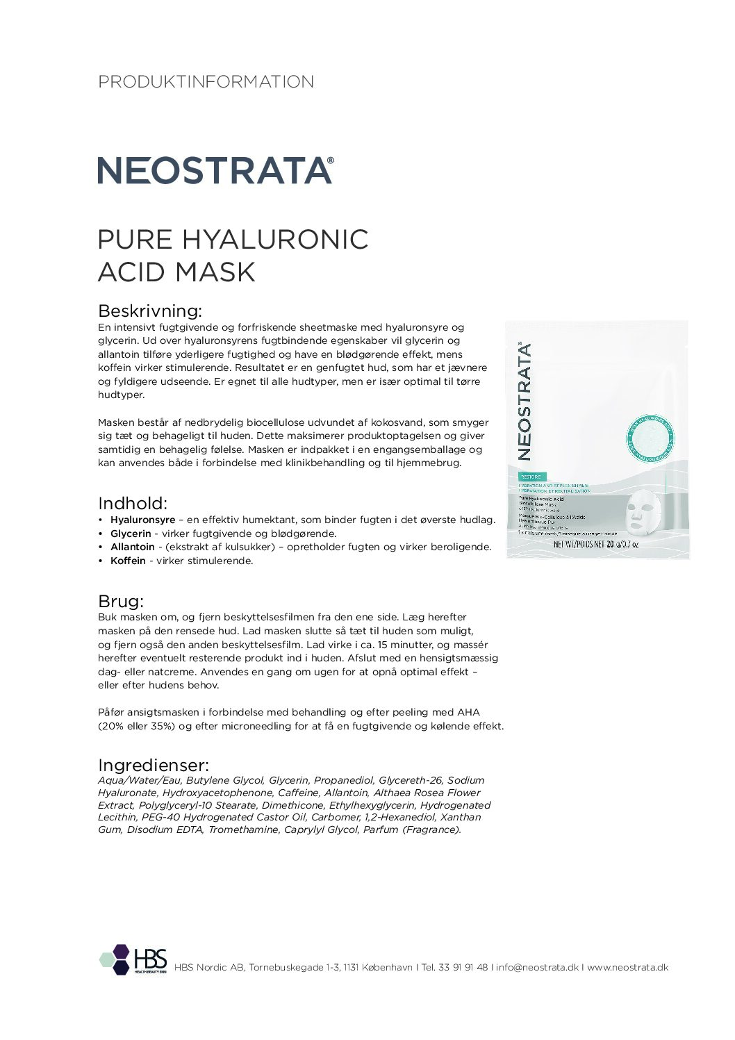Produktblad Pure Hyaluronic Acid Mask